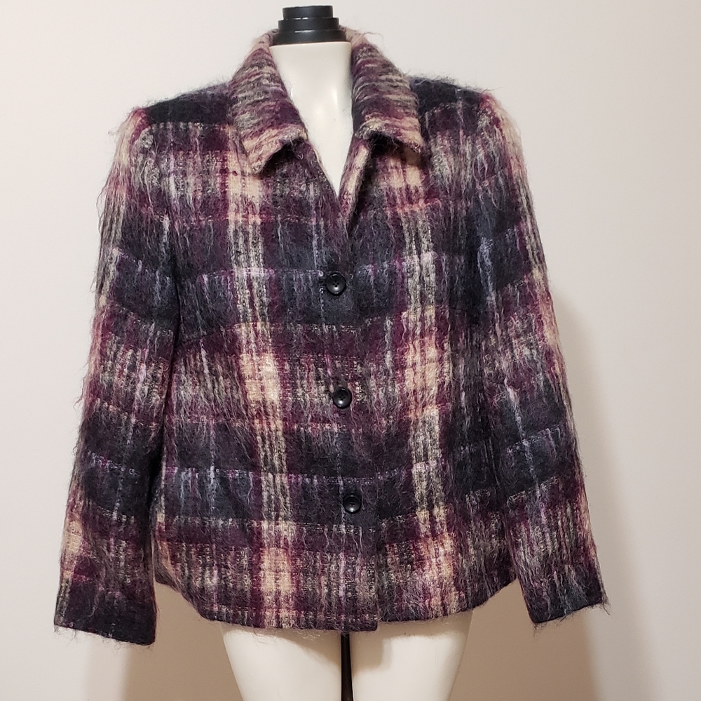 Mohair wool blend pink/purple plaid coat jacket